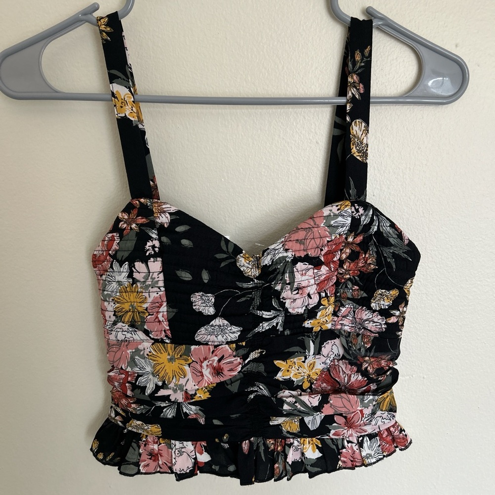 BOG Collective Floral Patterned Black Cropped Tank Top